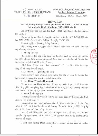 Thông báo về việc mở/không mở học các HP thay thế ĐA/KLTN cho sinh viên ĐH khóa 12 và Liên thông CĐN - ĐH khóa 14