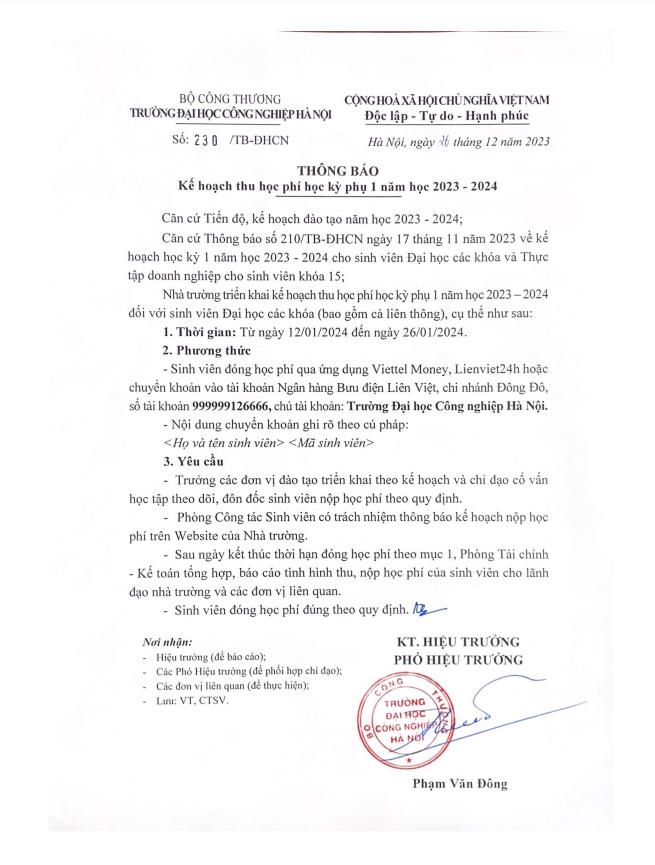 Kế hoạch thu học phí học kỳ phụ 1 năm học 2023-2024