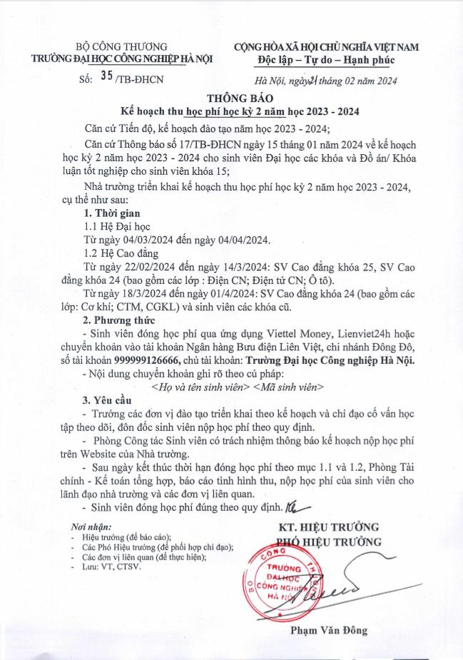 Thông báo thu học phí học kỳ 2 năm học 2023-2024