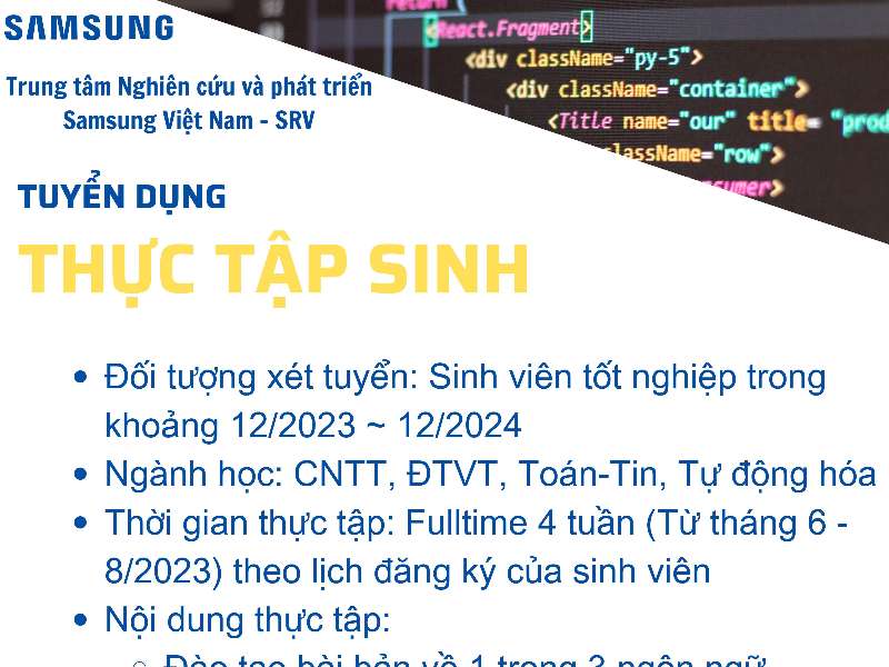 SAMSUNG SRV - CHƯƠNG TRÌNH THỰC TẬP SINH KỲ HÈ 2023