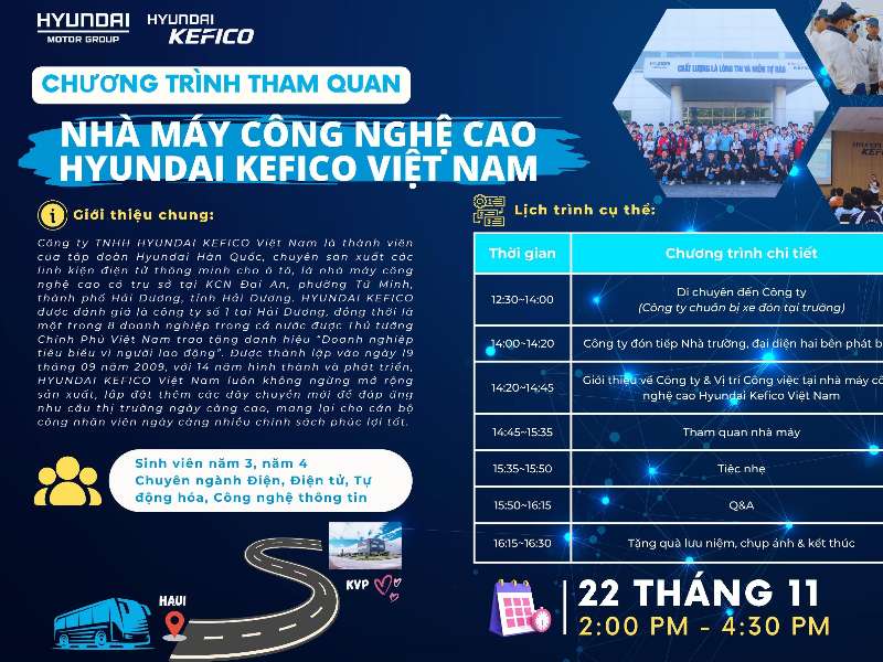 CHƯƠNG TRÌNH THAM QUAN NHÀ MÁY CÔNG NGHỆ CAO HYUNDAI KEFICO VIỆT NAM