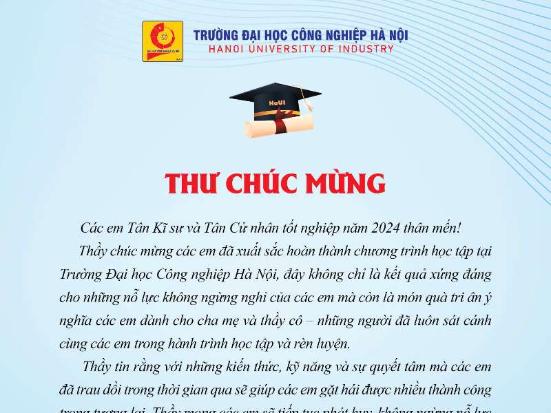 Thư Chúc mừng Các em Tân Kĩ sư và Tân Cử nhân tốt nghiệp năm 2024