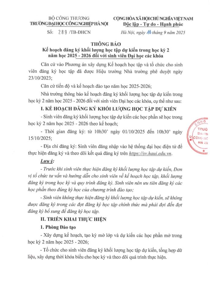 Kế hoạch đăng ký khối lượng học tập dự kiến học kỳ 2 năm học 2025-2026