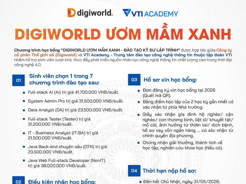 Thông báo về chương trình học bổng “Digiworld Ươm mầm xanh – Đào tạo kỹ sư lập trình” Quý II/2026