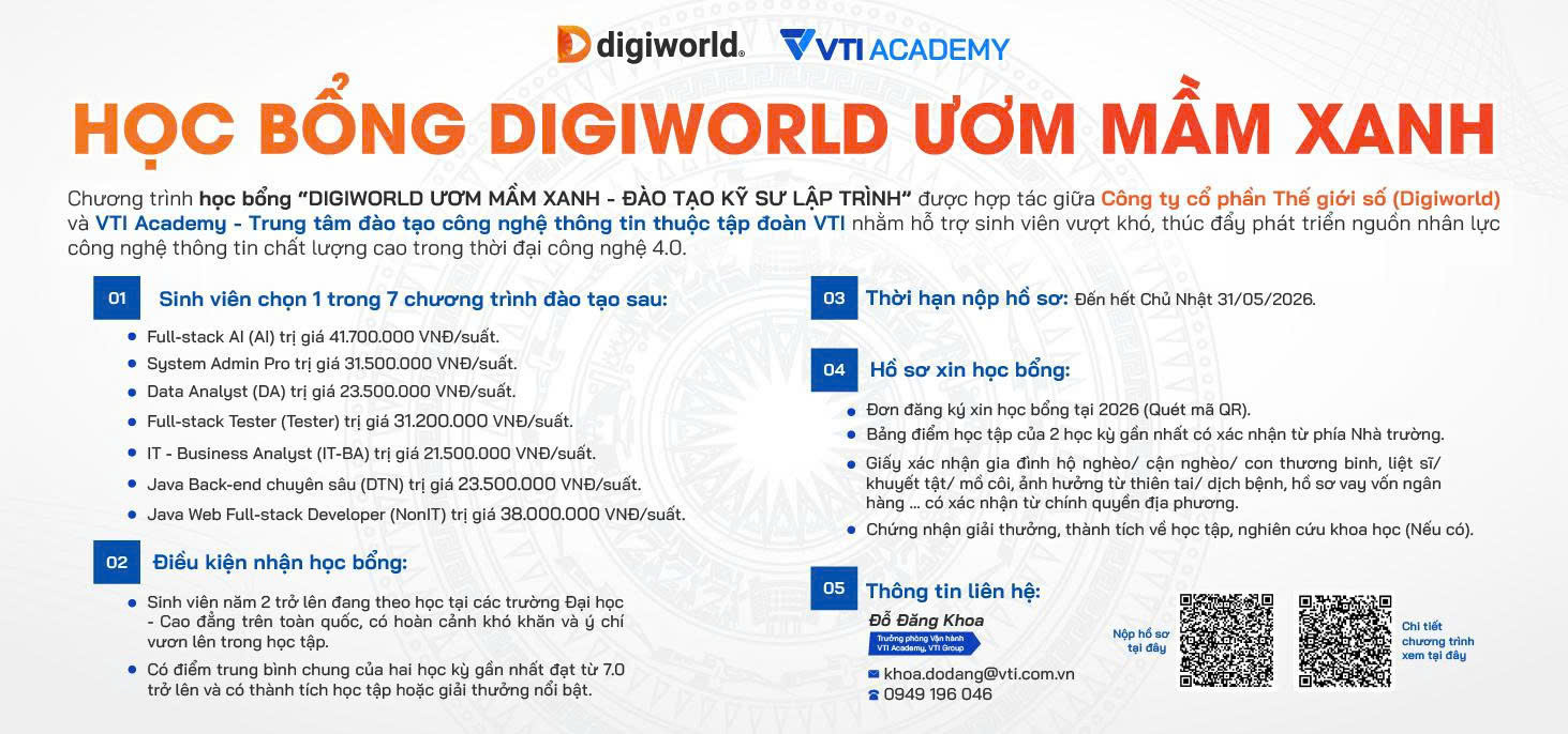 Thông báo về chương trình học bổng “Digiworld Ươm mầm xanh – Đào tạo kỹ sư lập trình” Quý II/2026
