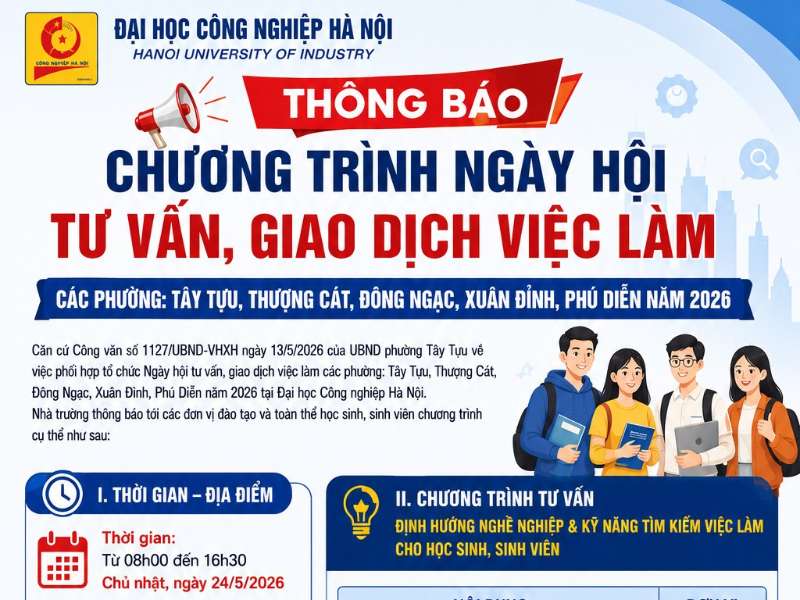 Thông báo chương trình Ngày hội tư vấn, giao dịch việc làm năm 2026 tại Đại học Công nghiệp Hà Nội