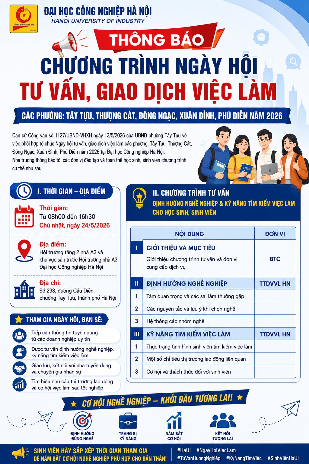 Thông báo chương trình Ngày hội tư vấn, giao dịch việc làm năm 2026 tại Đại học Công nghiệp Hà Nội