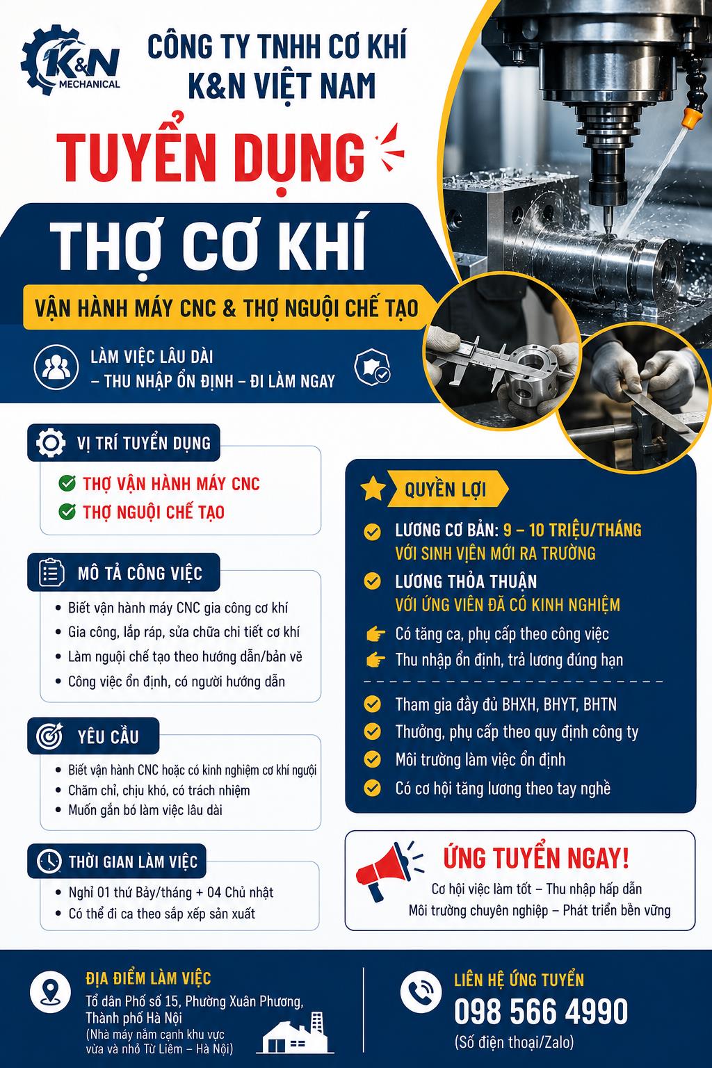 Công ty TNHH Cơ khí K&N Việt Nam tuyển dụng Thợ cơ khí vận hành máy CNC & Thợ nguội chế tạo
