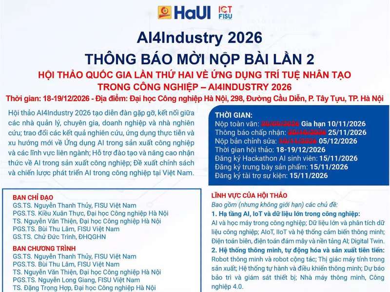 Thông báo tổ chức Hội thảo quốc tế AI4Industry 2026 về ứng dụng trí tuệ nhân tạo trong công nghiệp